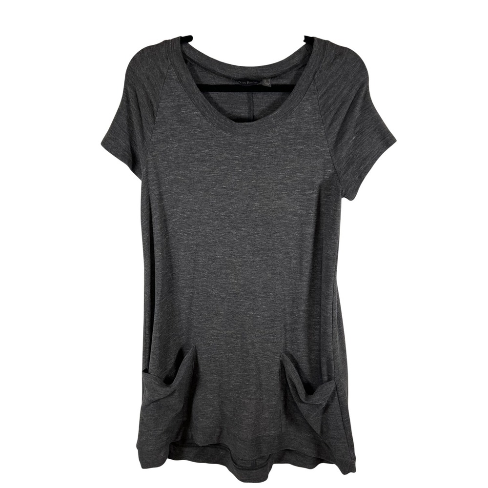 AnyBody Lounge Women Small Charcoal Gray Short Sleeve Pocket Tunic Top Heathered